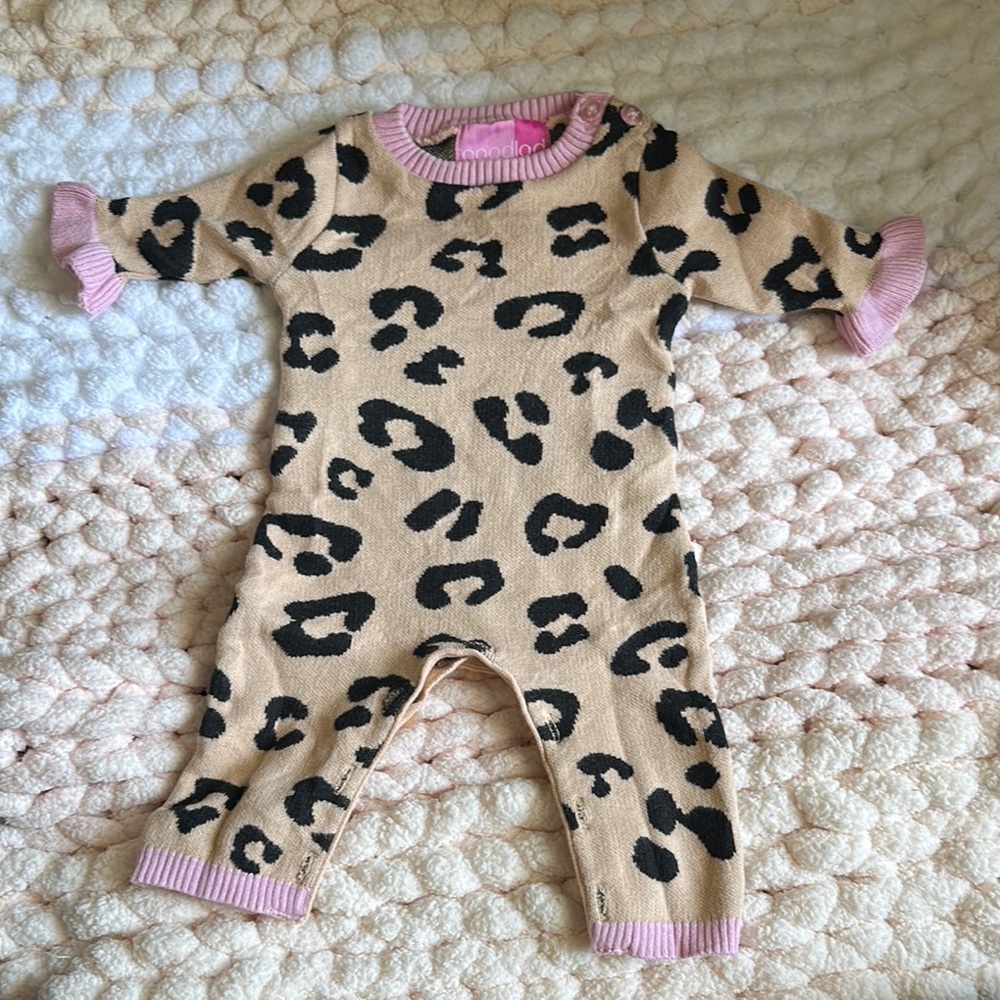 Good Lad Tan and Black Footies One Piece with Leopard Print